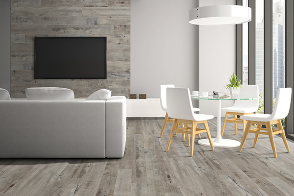 maple flooring in a living room with white furniture